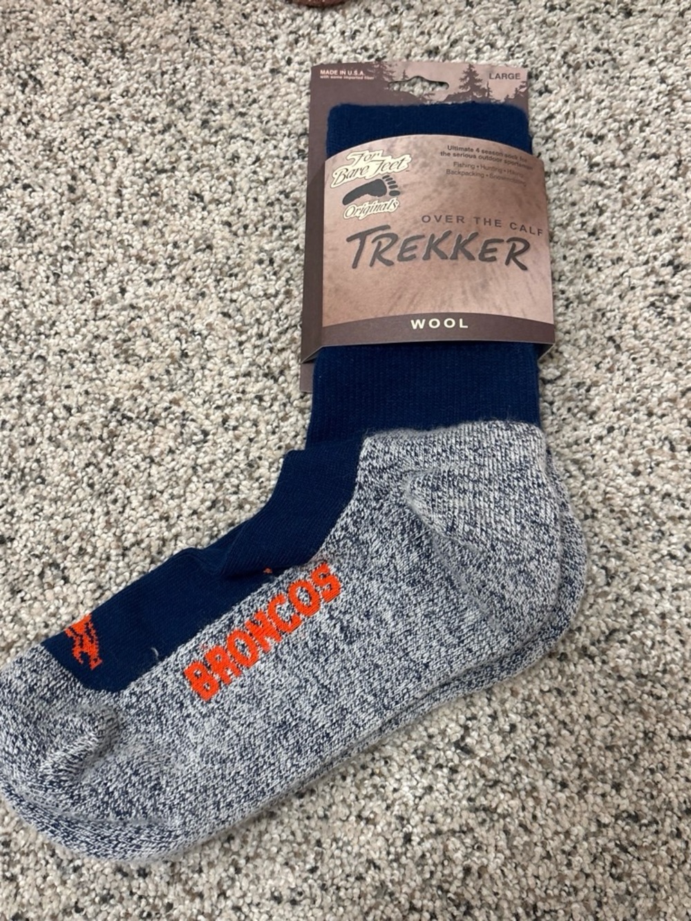 Tough Trekker Wool Over-the-Calf Socks - Navy and Heather Gray - Broncos